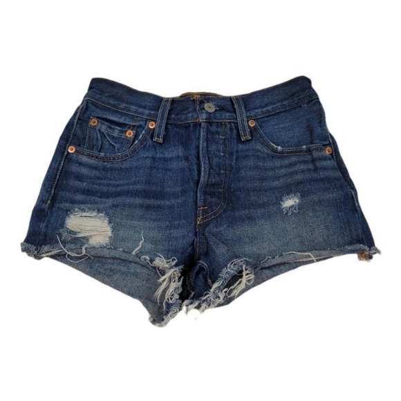 Levi's 501 Button Fly 100% Cotton Distressed Raw Hem Denim Shorts Size 24 - Picture 2 of 5